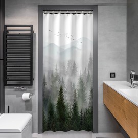 RosieLily Stall Shower Curtain, 36"x72" Inches, Misty Forest Mountain Tree Shower Curtain, Rainforest Nature Pattern