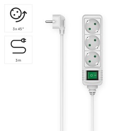 Hama 3-Way Power Strip with Switch, 3 m (Power Strip with Switch, 3-Way Power Strip, 3-Way Multiple Socket, Multiple Plug, with Touch Protection, Illuminated Switch, 45°) White