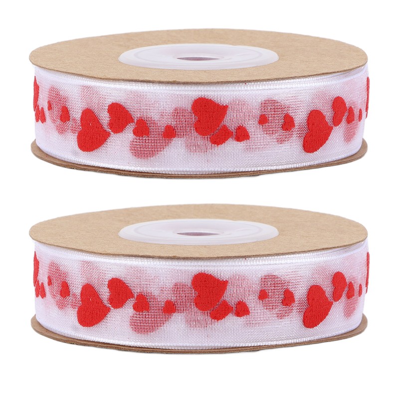 2pcs Red Ribbon 1.5cm/0.6in Wide Heart Pattern Packaging Ribbons DIY