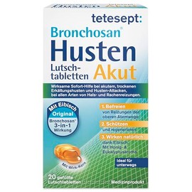 tetesept tetesept Bronchosan Husten Akut 20 Lutschtabletten C Hustenbonbons bei akuten Erk?ltungshusten, Hals- und Rachenreizungen C Mit Eibisch, Honig- und Eukalyptusaroma 5 x 20 St1ck
