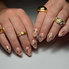 3D Bow Press on Nails Gold Lines Glue on Nails with Design Artificial Medium Almond Fake Nail Glossy False Stick on Nail for Women