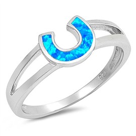 Blue Simulated Opal Horseshoe Lucky Charm Ring .925 Sterling Silver Band Size 7