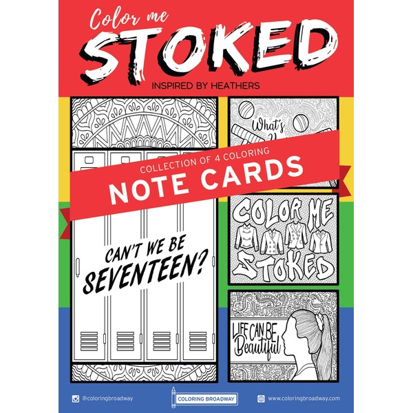 Coloring Broadway - Heathers inspired Coloring Note Cards With Envelopes (Set of 4) “Color Me Stoked” Collection, Broadway Musical Merchandise, Ideal Gift for a Broadway Theater Lover