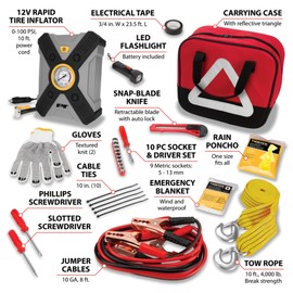 Performance Tool E00013 33 pc. Deluxe Roadside Assistance Kit: Featuring Vortex 12V Rapid Tire Inflator, Booster Cables, Tow Rope, Flashlight, Socket Set, First Aid Kit, Tool Kit and Storage Case