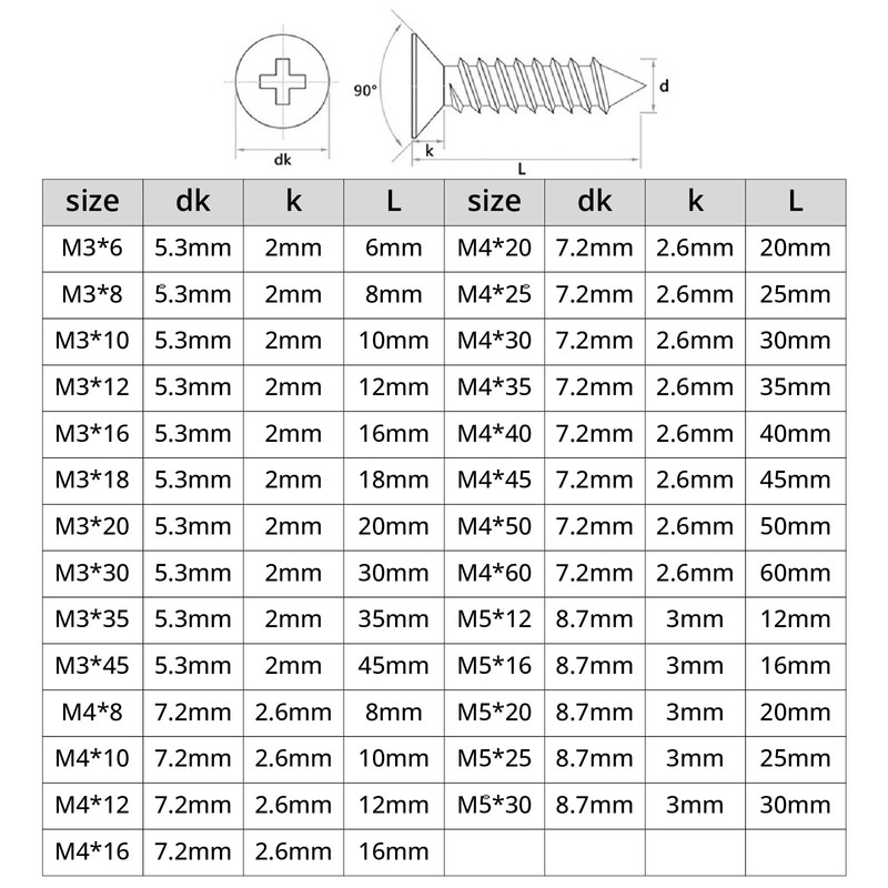 Leliafleury M3*20 Self Tapping Screws 100 PCS Stainless Steel Countersunk