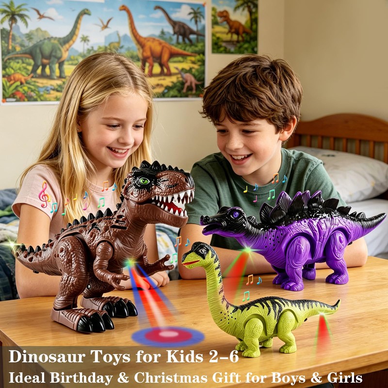 3-Pack Electronic Walking Dinosaur Toys for Toddlers 2-4, Moving Dinosaurs