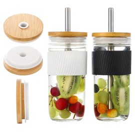 Upgrade 4Pcs Regular Mouth Bamboo Mason Jar Lids with Straw Hole and Silicone Caps - Reusable, Leak-Proof Covers for Glass Canning, Drinking, and Storage Jars