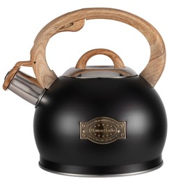 Tea Kettle, 2.1 Quart Loud Whistle Stovetop Teapot, Black Teapot Food Grade Stainless Steel with Wood Pattern Handle, Unique Button Control Kettle Outlet for Tea, Coffee, Milk