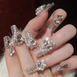 CAEEA Long Coffin Press On Nails Clear Heart Shape Rhinestone False Nails White Pearl Glitter Luxury Ballerina False Nails Acrylic Nails Women Girls 24pcs