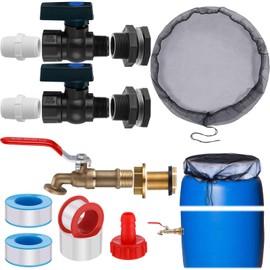 Tujoe 4 Set Rain Barrel Kit Barrel Spigot Kit 3/4 Mesh Cover with Drawstring PVC Barrel Spigot Brass Faucet Kit Bulkhead Fitting Hose Faucet Adapter Thread Seal Tape for Rain Barrel Water