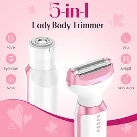 Electric Razors for Women Legs, 5 in1 Electric Shaver for Women, Bikini Trimmer with LED Display, Rechargeble Facial and Body Hair Remover for Face Nose Eyebrow Arms Legs Underarms and Pubic Area