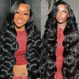 haha Body Wave Human Hair Lace Front Wigs Pre Plucked 13x4 HD Lace Frontal Wig with Baby Hair Brazilian Remy Human Hair Lace Front Wigs for Women Glueless Bleached Knots 180% Density Black 24 Inch