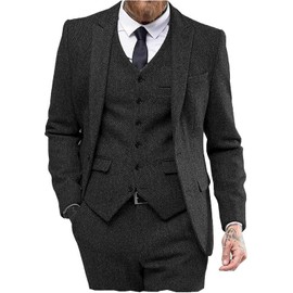 Mens Tweed Herringbone Wedding Suit Prom Tuxedos 3 Piece Peak Lapel Dress (36,Black)