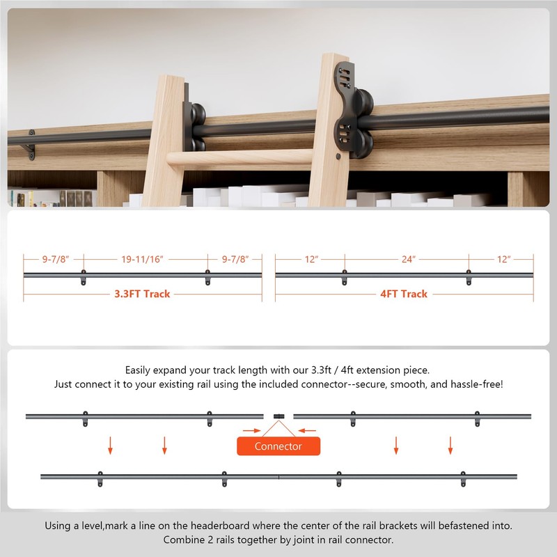 104RDHOUSE 4FT Sliding Library Ladder Hardware Kit, Black Retractable Rolling