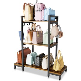Aquzee Purse Rack, 3 Tier Stand Bag Organizer Storage for Handbag Organizers, Bag Storage Organizer with 4 Hooks for Holder, Large Purse Shelf for Closet, Home Living Room Bedroom Purse Storage Ideas