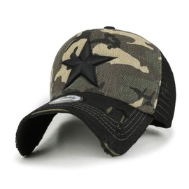 ililily Star Embroidery Black White Trucker Hat Cotton Baseball Cap (XL, Black/Camo)