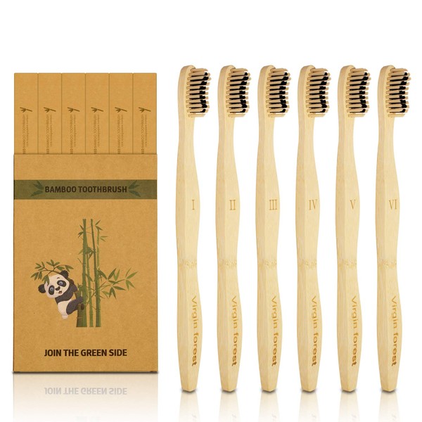 Virgin Forest Bamboo Toothbrush, Biodegradable Soft Bristles Toothbrushes, Wooden Toothbrush with Wave-Shaped Two-Color Bristles and Larger Thicker Handle (6 Pcs)
