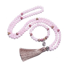 Hovaete 108 Mala Prayer Beads Necklace 8mm Natural Stones Meditation Yoga Jewelry Sets 108 Hand Made Japa Mala Beaded Long Tassel Necklace with Tassel Pendant for Men and Women (Rose quartz)