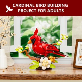 Sinuraii Northern Cardinal Building Set, Male Cardinal Bird with Blooming White Dogwood Flowers, Creative Set for Adults to Build and Display, Red Cardinal Modle, Memorial Gifts for Bird Lovers
