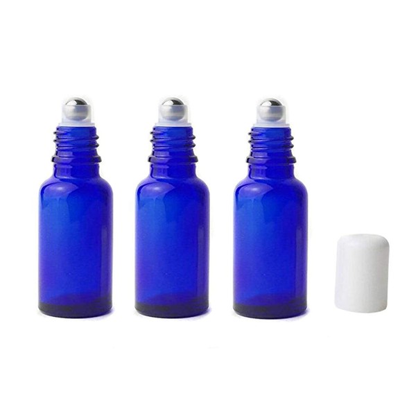 3Pcs Refillable Empty Blue Glass Roll-on Roller Bottles with Stainless Steel Roller Balls and White Cap for Essential Oil Perfumes Lip Balms Attar Travel Container (20ml/0.67oz)