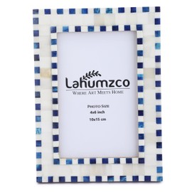 Lahumzco Bone Picture Photo Frame Checkered Pattern Beading Art Inspired Vintage Table-Top/Wall Décor Handmade Frames (4x6 Inches, Blue,White)