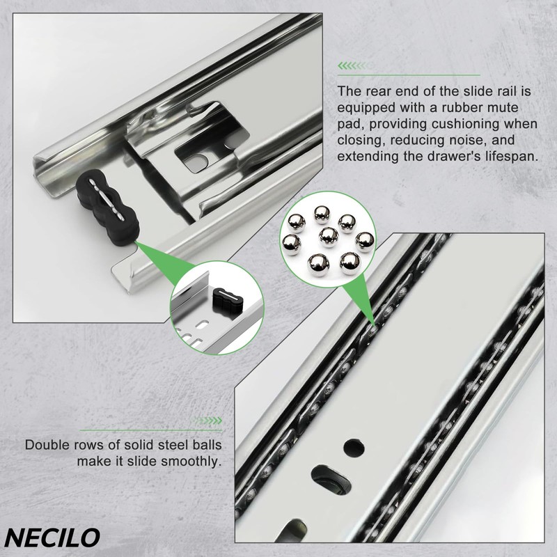 NECILO Silver 350mm Residential Drawer Runner, 45kg Load Capacity Full
