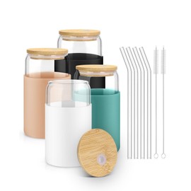 sungwoo Glass Cups with Lids and Straws, 4 Pack 16OZ Iced Coffee Cups with Silicone Sleeve, Glass Tumbler with Straw and Bamboo Lid, Home Essential Drinking Set for Juice, Cocktail and Latte 4 Colors