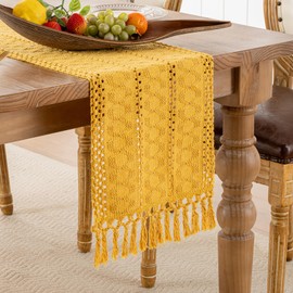 Serento Table Runner Macrame Tassels Table Runner Cotton Linen Farmhouse Boho Table Runner Crochet Lace Yellow Table Runner for Holiday Party Wedding Kitchen Table Decoration 30 x 140 cm