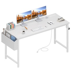 Lufeiya White Computer Desk with Power Outlet, 55 inch Teen Study Table Home Office Work Writing Gaming Desks with Charging Station Outlets Built in, White