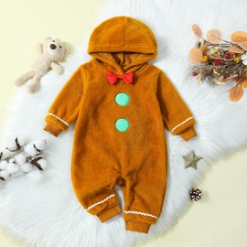Carolilly Christmas Newborn Toddler Baby Girls Boys Romper Infant Baby Christmas Fuzzy Jumpsuit Gingerbread Man Cute Hooded Romper Bodysuit Winter Xmas (Brown, 18-24 Months)