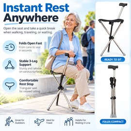 Folding Cane Seat for Outdoor Walking – Lightweight Walking Stick with Portable Rest Stool for Travel, Parks and Queues