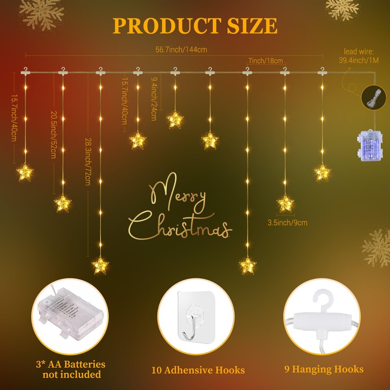 Marchpower 9 Stars Curtain Lights Warm White, IP65 Battery Operated