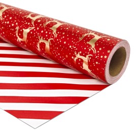 LDGOOAEL Mini Short Small Wrapping Paper Roll - Reversible Design (17" X 120") - Red with Gold Foil Reindeer & Stripes