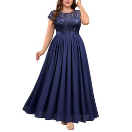 Knitee Women's Plus Size Sequin Floral Lace Formal Bridesmaid Party Flowy Maxi Dress A-Navy Blue