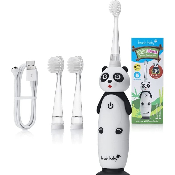 brush-baby WildOnes Kids Spazzolino Elettrico Ricaricabile PANDA, 1 Manico, 3 Testine, Cavo di Ricarica USB, per Età 0-10 (Panda)