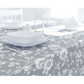 Dehaus® Wipe Clean Table Cloth - M Grey Floral Bloom - Wipe Clean PVC Oilcloth Table Cover - Rectangular Plastic Vinyl Tablecloth - Water Resistant & Easy To Clean - Kitchen or Dining Table Protector