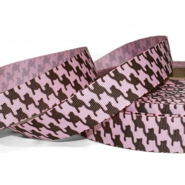 1 Pcs 7/8"W Houndstooth Herringbone Grosgrain Ribbon Pink Dark Brown