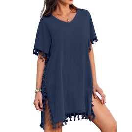 AI'MAGE Women's Beach Poncho Summer Bikini Cover Up Beach Dress with Tassels V-Neck S-3XL, navy blue