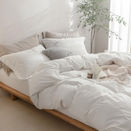 BDEAR Off White Duvet Cover Full Size, 100% Washed Cotton Duvet Cover with Zipper Closure and 2 Pillowcases, 90" x 80"