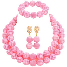 aczuv Simulated Pearl Necklace Nigerian Wedding Beads African Jewelry Set, Necklace 18inches , Bracelet 8inches, Plastic, No Gemstone