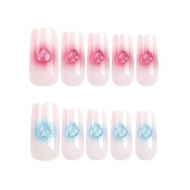 SINHOT Pink Press on Nails Long Square Fake Nails Glossy Glue on Nails Valentines Day Squoval Acrylic Nails 3D Heart Arificial Nails Stick on False Nails with Design 24 pcs