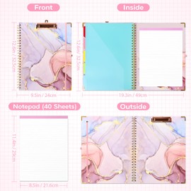Toplive Clipboard Folio Folder A4, Clipfolio Clipboard with Refillable Notepad and Label Sticker, Spiral Clipboard Folio with 10 Pockets 5 Dividers, Clip Boards 8.5x11 for Office Nursing（Marble Pink）