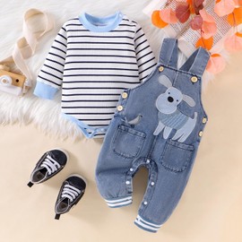 CETEPY 3-6 Month Boy Clothes Baby Fall Winter Newborn Fashion Outfits Infant Long Sleeve Striped Romper Cute Dog Cartoon Button Jeans Overalls Pants Set Blue 3-6 Months