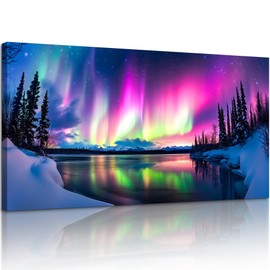 SERIMINO Aurora Borealis Wall Art, Winter Lake Nightscape Large Artwork, Colorful Natural Landscape Canvas Paintings, Modern Aesthetic Pictures for Living Room Bedroom Office Art Prints 24"X48"