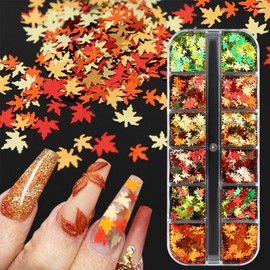 12 Grids 3D Fall Nail Art Sequins Thanksgiving Holographic Laser Maple Leaf Nail Glitter Sequins Red Gold Yellow Orange Fall Nail Glitter Flakes Autumn Leaves Glitters Nail Art Decor for Women DIY