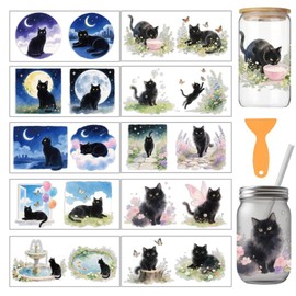 arricraft Pack of 10 UV Transfer Paper for Cups with Cat Motif, 10 Styles, Watercolour Fantasy Black Cat, PVC DIY Heat Transfer Stickers for 16 oz Glass Cups, Crafts, 9.5 x 4.3 Inches