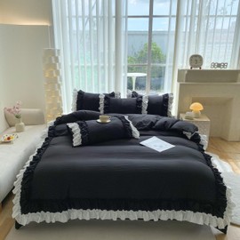 Shabby Chic 3 Pieces Bedding,Vintage Ruffled Full Duvet Cover Set with 2 Layers Ruffles,Soft Brushed Microfiber Set with Zipper Closure,Lightweight Duvet Cover Set-Black,Full