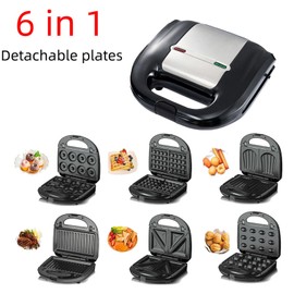 Tnfeeon 6 in 1 Sandwich Maker Panini Press Stick Proof Breakfast Machine with 10 Removable Plates for Making Sandwiches Donuts Waffles Nuts Madeleine Cakes Steaks (US Plug 110V)