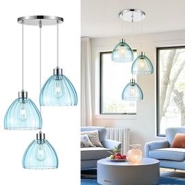 Emliviar 3-Light Cluster Pendant Light, Modern Hanging Pendant Light for Kitchen Island Dining Room Bedroom, Unique Blue Glass in Chrome Finish, HE289G2-3 CH