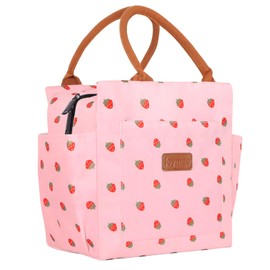 Joymee Lunch Bag Women Insulated Lunch Box Reusable Leakproof Large Spacious Cooler Tote for Women Men Adult with Bottle Holder and Side Pockets for Work Office Travel Picnic - Strawberry Pink